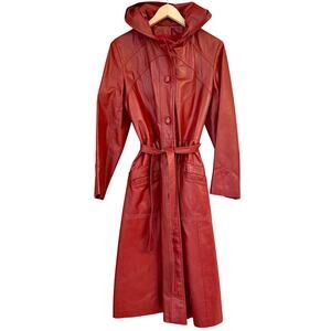 1970s Oxblood Red Leather Hooded Trench Coat – Belted Long Jacket (Est. M 6–8)